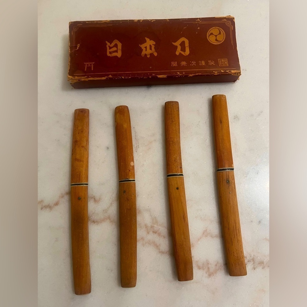 Vintage Kanenari Seki Knives with Bamboo Sheath Mid Century Japanese Unique Rare
